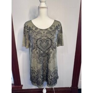 Rue juju y2k Sage Green Paisley Damask Rhinestone Short Sleeve Tunic Top Size L